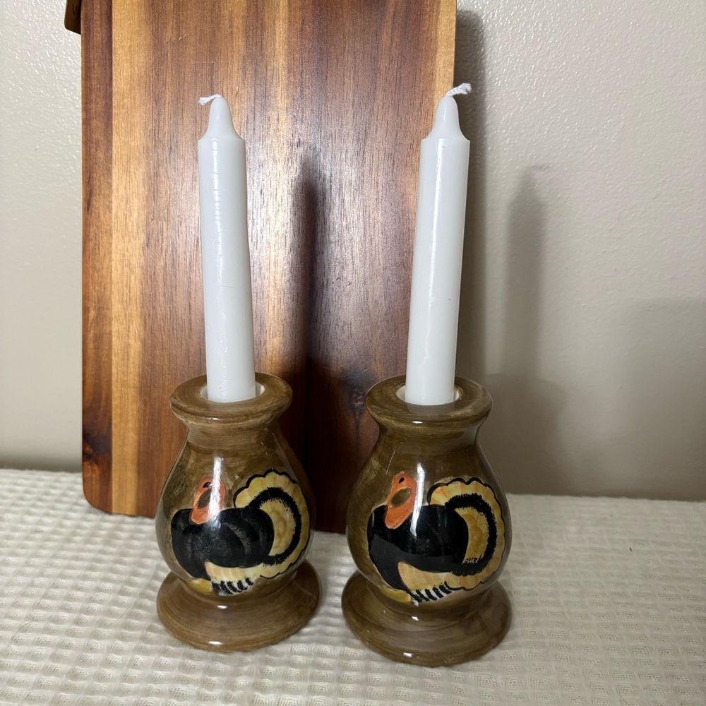 Vintage Candle Holders-Hand Painted Turkey Candle Holders-Holidays-Festive